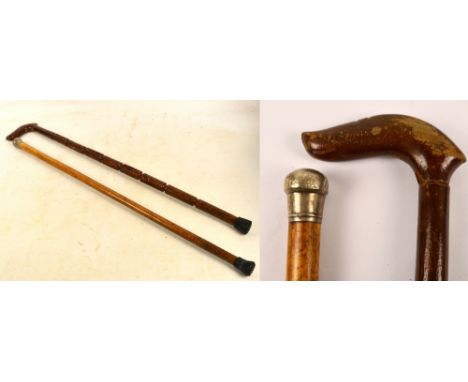 A malacca cane with hallmarked silver knob, length 87cm, and another with gadrooned decoration, length 88.5cm, also a 20th ce
