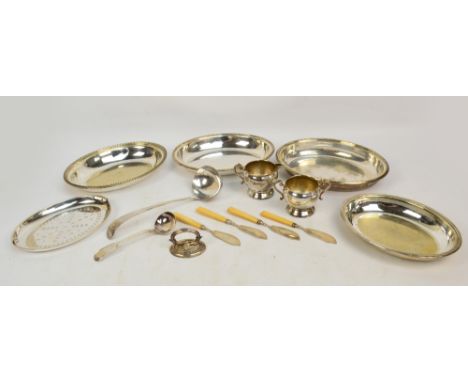 A group of electroplated items to include two similar oval entree dishes with bead decoration, one handle, a soup ladle, leng