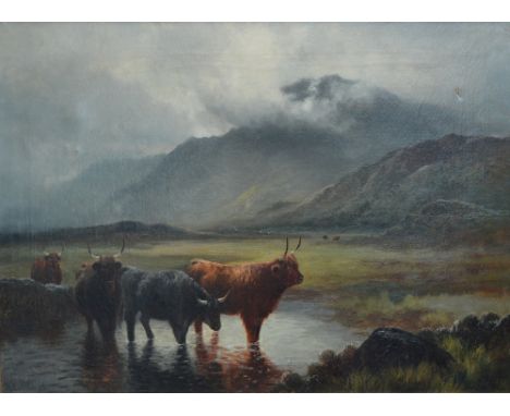 HENRY R. HALL (1859-1927); oil on canvas, mountainous loch landscape with Highland cattle in foreground, signed and dated '90