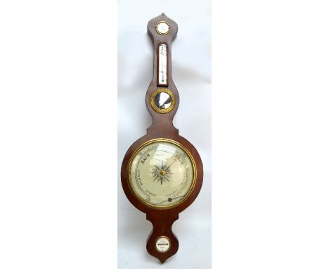 An early 19th century mahogany five dial wheel barometer with painted circular main dial, unnamed, height 102cm.