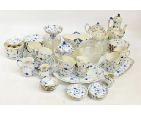 A large quantity of Royal Copenhagen "Blue Denmark" pattern blue and white teaware, including coffee pot, teapot, small jug, 