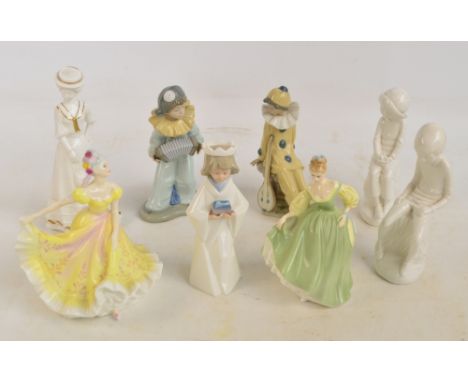 Two Nao figures of Pierro (both af), two Royal Doulton figures; HN2379 "Ninette" and HN2193 "Fair Lady", three Spode figures,