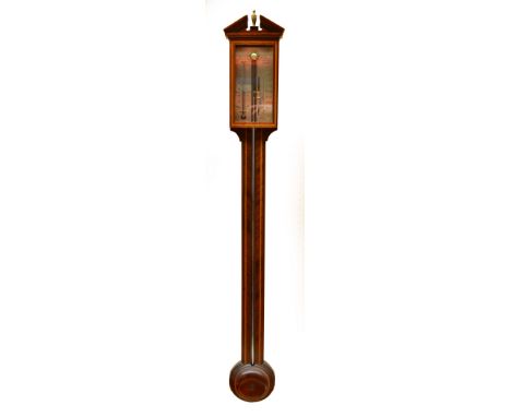 A modern mahogany inlaid stick barometer, the engraved dial inscribed "Comitti and Son, London", beneath a broken arched pedi