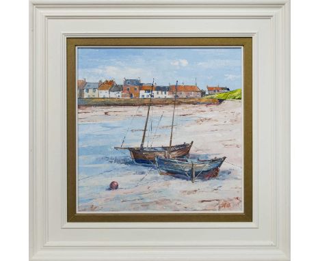 ERNI UPTON FRSA,OLD GAFFERS, ELIE SANDS, FIFEoil on board, signed, titled versoimage size 41cm x 41cm, overall size 62cm x 62