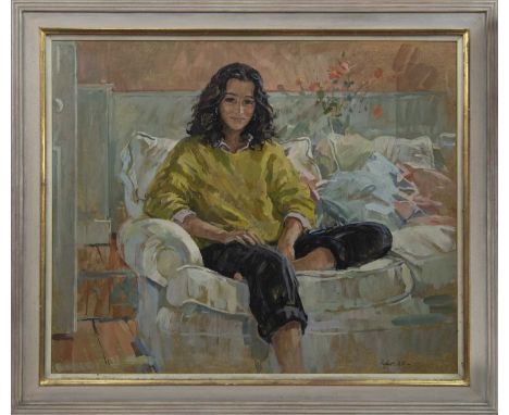 * SUSAN RYDER (BRITISH b. 1944),PORTRAIT OF A WOMAN IN YELLOWoil on canvas, signed and dated '85image size 69cm x 85cm, overa
