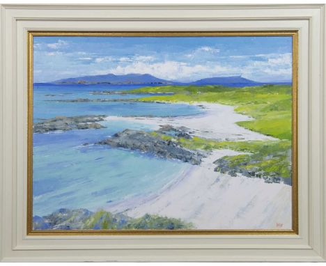 ERNI UPTON FRSA,SANNA BAY, WEST ARDNAMURCHAN, SMALL ISLE DISTANToil on canvas, signed, titled versoimage size 76cm x 102cm, o