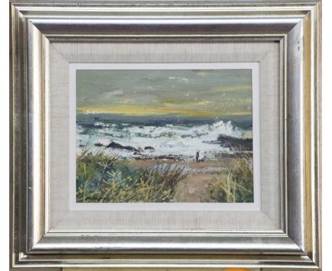 * DOUGLAS PHILLIPS (SCOTTISH 1926 - 2012),A SHORELINE WALKoil on board, signed, further signed and titled labels verso image 