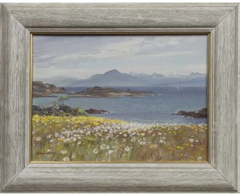 * SHEILA MACLEOD ROBERTSON RSMA (BRITISH 1927 - 2020),SKYE HILLS FROM DRUMBUIEoil on board, signed; titled versoimage size 28