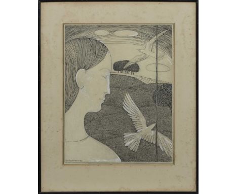 * HANNAH FRANK (SCOTTISH 1908 - 2008),GIRL AT WINDOW, 1952pen and ink on paper, signed and dated 1952image size 44cm x 34.5cm