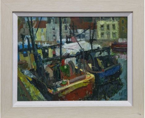 * WILLIAM BIRNIE RSW RGI (SCOTTISH 1929 - 2006),SCAMPI BOATS, PITTENWEEMoil on board, signed, titled label versoimage size 26