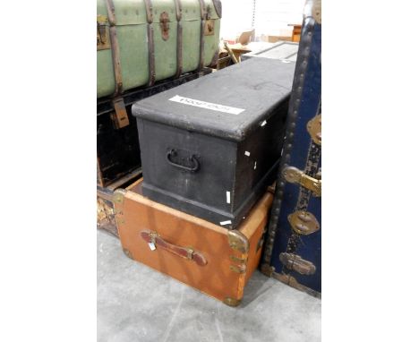 A wood-bound canvas trunk and a painted pine tool box (2) 