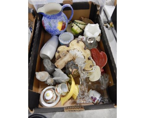 A quantity of decorative ceramics and glassware to include Coalport mug, Goebel figures, German handpainted vase, crested war