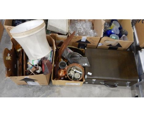 Various items including manual sewing machine, metalware, stoneware lamp base, etc. (3 boxes) 