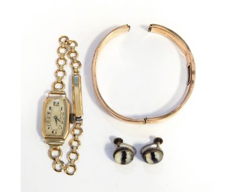 9ct gold bangle (af), lady's gold-coloured wristwatch with bracelet strap and a pair of silver earrings 