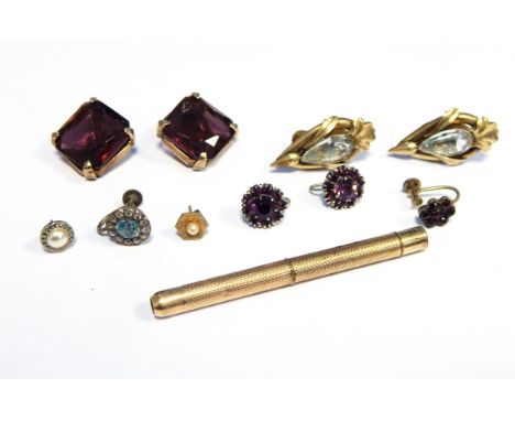 Rolled gold ropetwist bangle, rolled gold propelling pencil and sundry gold-coloured and stone set earrings  