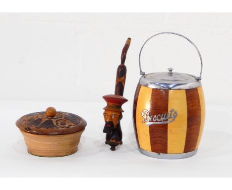 A quantity of decorative wood ware including biscuit barrels, pipe rack, smoker's cabinet, etc. (2 boxes) 