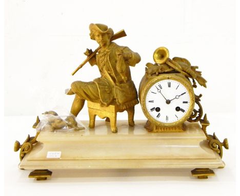 19th century French style gilt metal and alabaster mantel clock, the drum-shaped movement surmounted by dead game and hunting