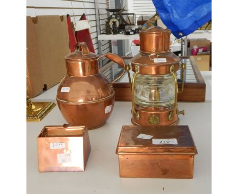 Various copper items including a copper lidded box, a copper ashtray, a copper water jug, lidded and a copper and brass miner