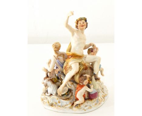 A pair of Meissen figure ornaments of a gentleman with lamb and his lady with tambourine (damaged), a Dresden figure group of