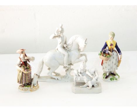 A Rosenthal white porcelain figure of a huntsman on horseback blowing a bugle, 21cm high and a Meissen style figure of a shep