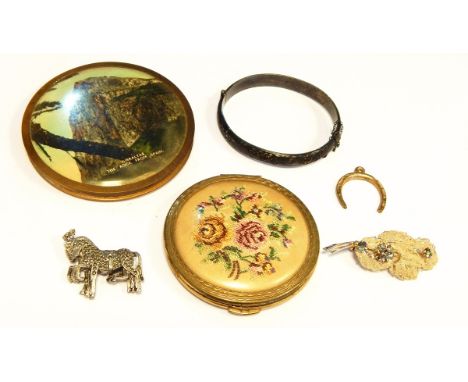 Silver and marcasite circus horse bar brooch, silver bangle, two compacts and sundry items 