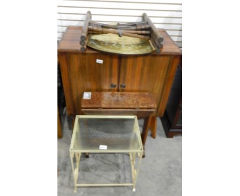 A brass Benares tray on folding stand, a dwarf two-door cabinet, a fall-flap table, a tea trolley, an old radio/record cabine