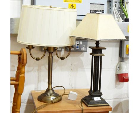 Brass candelabrum style table lamp and two others 