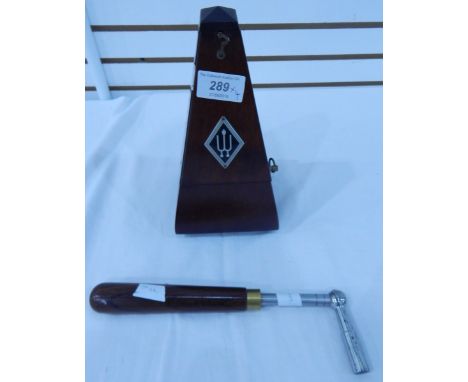 A metronome, Elecmaster tuner, Thorens mini musical box in burrwood case, playing three airs and winding handle (4)  