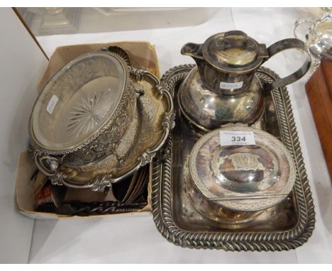 A quantity of silver plate including Guernsey milk pan, caddy with engraved decoration, rectangular serving dish with gadroon