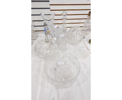 A quantity of glassware to include ship's decanter, flared rim vases, bowls together with Lladro style figures 