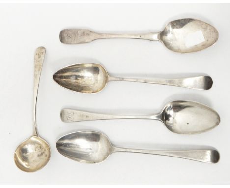 Four assorted Georgian silver tablespoons and sauce ladle, 8oz approx. 