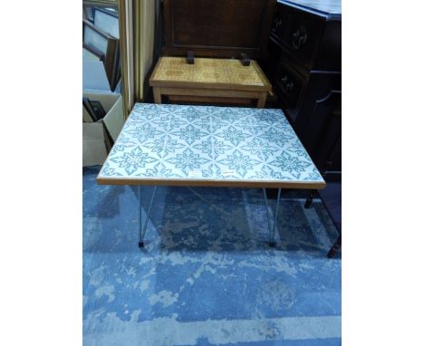 Two tile topped tables, oak fire screen, inlaid mahogany box and three-tier table 