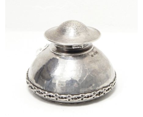 Omar Ramsden silver inkwell with flared body, raised thistle band, hinged top, London 1923, engraved to base "Omar Ramsden me