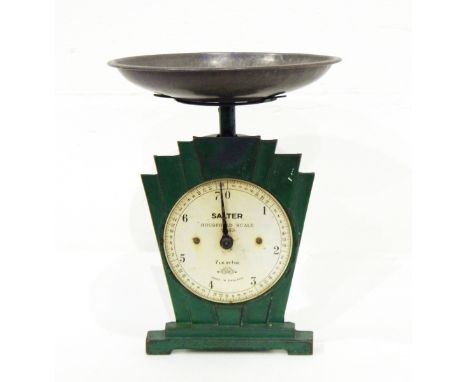 A pair of Salters household scales, no.33 painted in green with balance pan to top, pair Salters brass and metal pocket balan