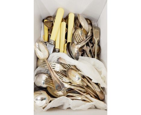 A quantity of silver plated flatware, wine cooler, hip flask, berry spoon and fork, toast rack, etc. (2 boxes) 