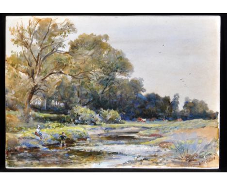 Hector Chalmers - a small boy and girl playing at a riverbank, signed, watercolour, 25.5 x 36cms; 10 x 14in., unframed.
