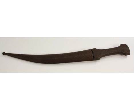 A Middle Eastern jambiya, 26cm curved blade chased in the Islamic taste with Arabic verse, the steel grip and scabbard confor