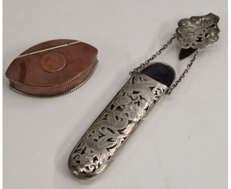A Victorian silver chatelaine spectacle case, pierced and engraved with fanciful birds, 13.5cm long, George Unite, Birmingham