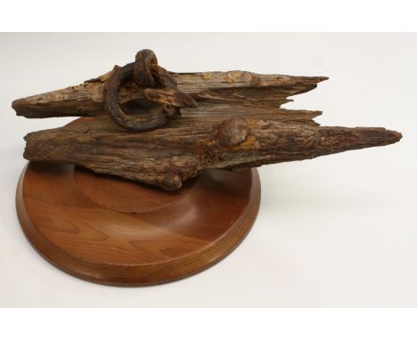 Decorative Salvage -  a driftwood desk sculpture, with iron ring, turned yew base, 42cm wide