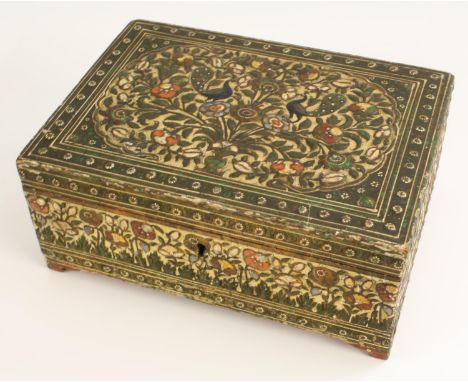 A 19th century Kashmiri rectangular box, decorated overall in raised work and polychrome with peacocks, flowers and foliage, 