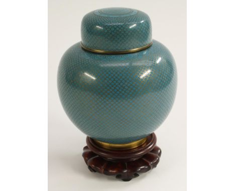 A Chinese cloisonne enamel ovoid ginger jar and cover, inlaid in brass wire with scales, clouds and a fretted roundel, on a t