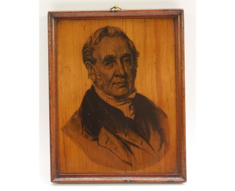 Early Railway Interest - a 19th century transfer printed sycamore portrait plaque, depicting George Stephenson (1781 - 1848),