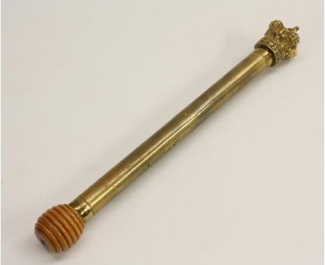 A Victorian brass tipstaff or truncheon, crown finial, turned boxwood pommel, 24.5cm long, mid-20th century