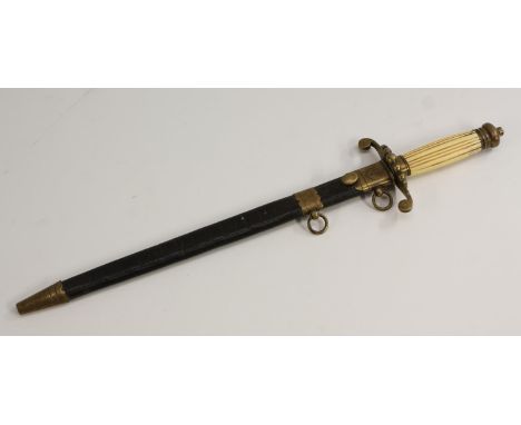 A naval dirk, 35.5cm straight fullered blade, brass beaded knuckle  guard terminating in scroll quillons, fluted grip, brass 