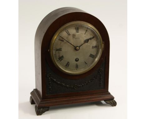 An Edwardian mahogany mantel timepiece, 10cm silvered dial inscribed Bright &amp; Sons Ltd, Scarborough, Roman numerals, sing