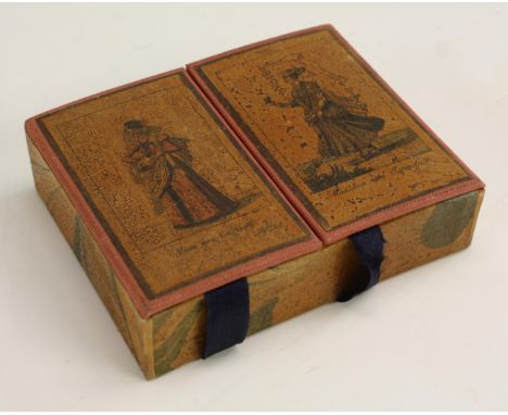 A 19th century rectangular playing card box, hinged twin covers transfer printed with caricature figures, titled Frau aus Eng