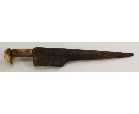 A Middle Eastern pesh kabz dagger, 19cm straight tapered blade with broad T-shaped spine, bone grip, hide scabbard, 31cm wide