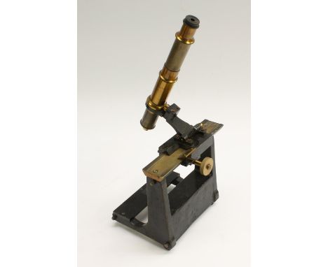 A 19th century brass and black painted vernier microscope, engraved brass scale with rack-and-pinion travel, sliding focus, f