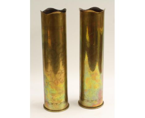 A pair of German World War One Trench Art mantel spill vases, each salvaged from a pair of Patronenfabrik Karlsruhe Kp. 5. 18