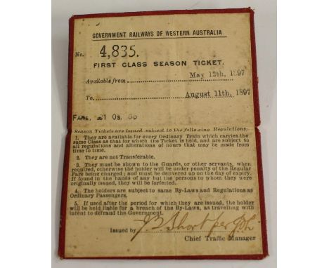 Railwayana - Austrailia - a late 19th century Government Railways of Western Australian First Class Railway Season Ticket, is
